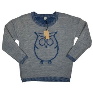 Unio Womens Owl Graphic Knit Sweater Blue Grey Crew Neck Pullover Small NEW